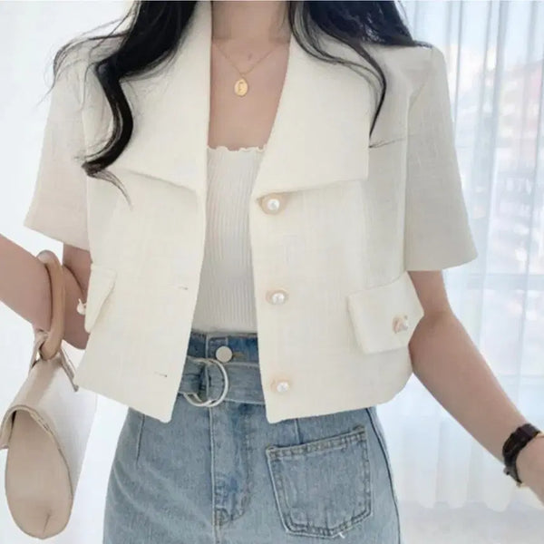 [BUNJANG] White Short-Sleeve Blouse with Pearl Buttons / 화이트 반팔 블라우스