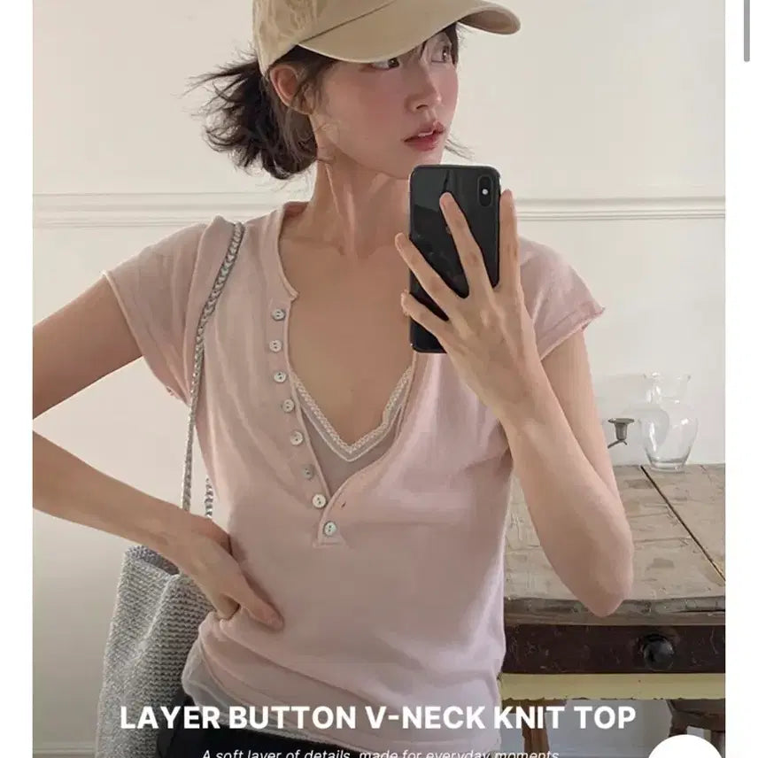 [BUNJANG] From Beginning Layer Button V Short Sleeve Knit (Pink) / 프롬비기닝 레이어 버튼 브이 반팔 니트 (핑크)