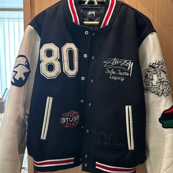 [BUNJANG] Stussy Leather Stadium Jacket Black / 스투시 레더 스타디움 자켓 블랙