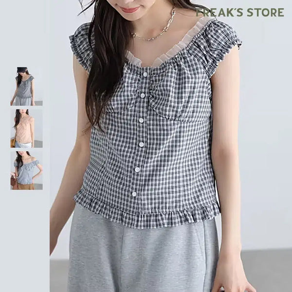 [BUNJANG] FREAK'S STORE Lace Frill French Sleeve Check Blouse / 프리즈마트 레이스프릴 프렌치소매 체크 블라우스