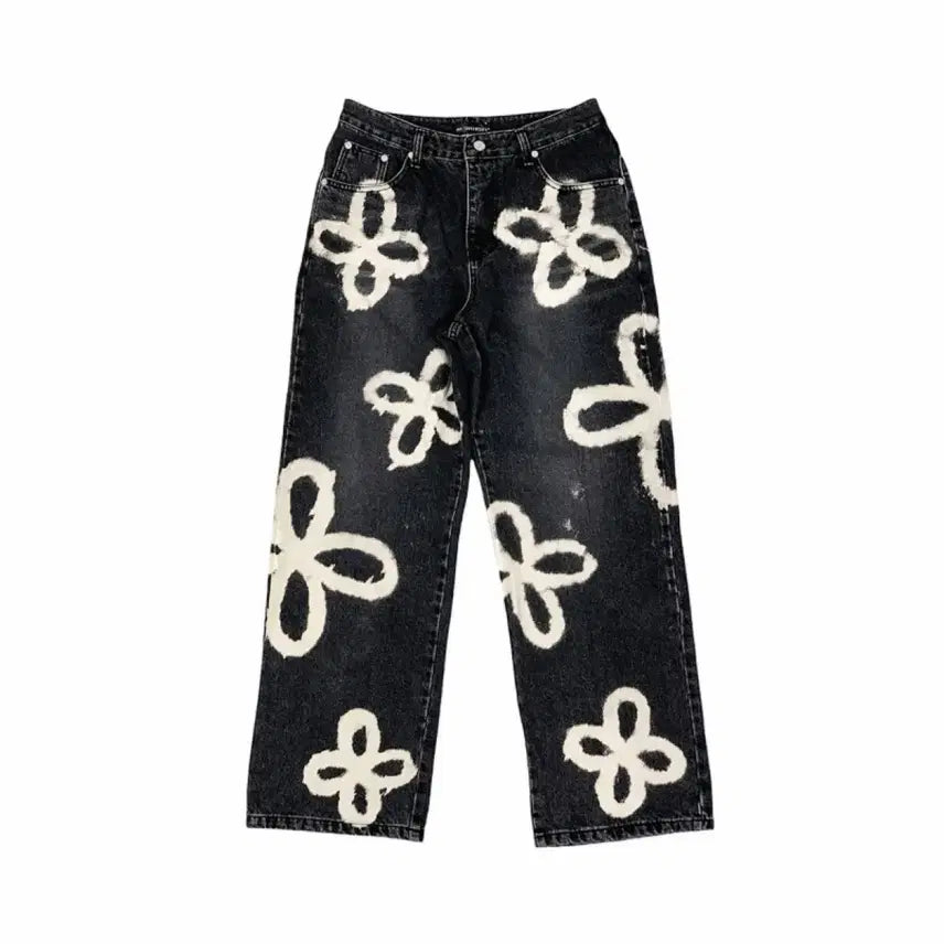[BUNJANG] Sherry Clover Pattern Denim Pants Black / 써저리 클로버 데님 검정