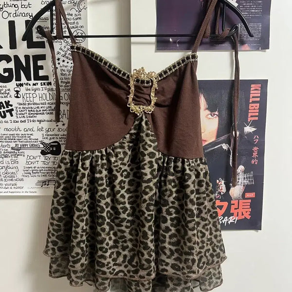 [BUNJANG] Leopard Print Halter Crop Top / 호피 레오파드 갸루 와투게 나시