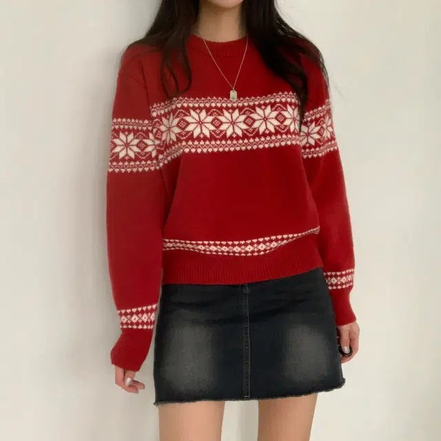 [BUNJANG] Snow Flower Point Long Sleeve Winter Knit / 에이블리 스노우 플라워 포인트 긴팔 겨울 니트