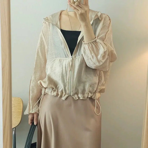 [BUNJANG] Select Shop Women's Glossy See-Through Hooded Zip-Up Jacket / (77)셀렉샵 여성 글로시 시스루 후드 집업 긴팔 자켓