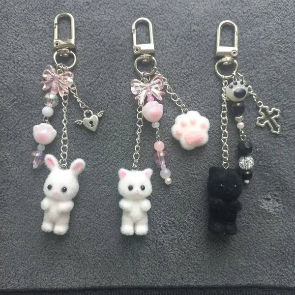 [BUNJANG] Fluffy Animal Three-Line Bead Keychain / 보송보송한 동물 세 줄 비즈 키링