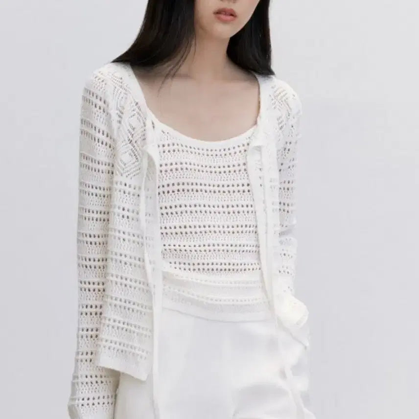 [BUNJANG] Ged Crochet Knit Cardigan Sleeveless Set / Ged 게드 크로셰 가디건 세트