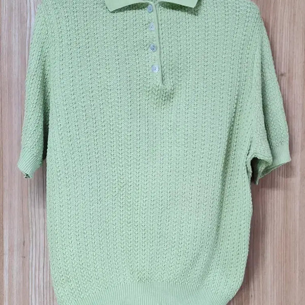 [BUNJANG] Opera fa Mother of Pearl Button Linen Blend Short Sleeve Knit / [이태리산] 천연 자개단추가 빛나는 Opera fa 연두색 펀칭 카라 반팔 니트 (여성 55 추천)