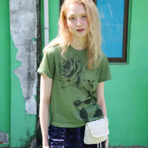 [BUNJANG] Forever Rose Printing T-Shirt / 포에브 로즈 프린팅 티셔츠