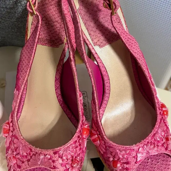 [BUNJANG] Christian Dior Pink Python Embossed Raffia Embroidered Platform Slingback Open-Toe Sandals / Christian Dior 디올 오픈토 슈즈