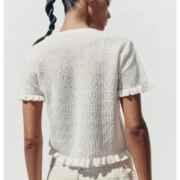 [BUNJANG] Zara Cropped Frill Short Sleeve Knit - White (S) / 자라 크롭 프릴 반팔 니트 화이트s-새상품