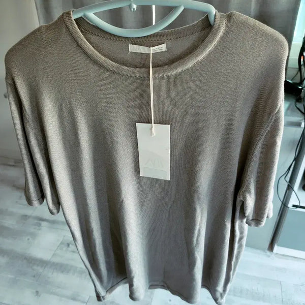 [BUNJANG] ZARA Men's Knit T-Shirt - Dark Olive Brown [M, 95] / ZARA 자라 니트 남성 티셔츠 카키/다크 오리브 브라운 새것 [M, 95]