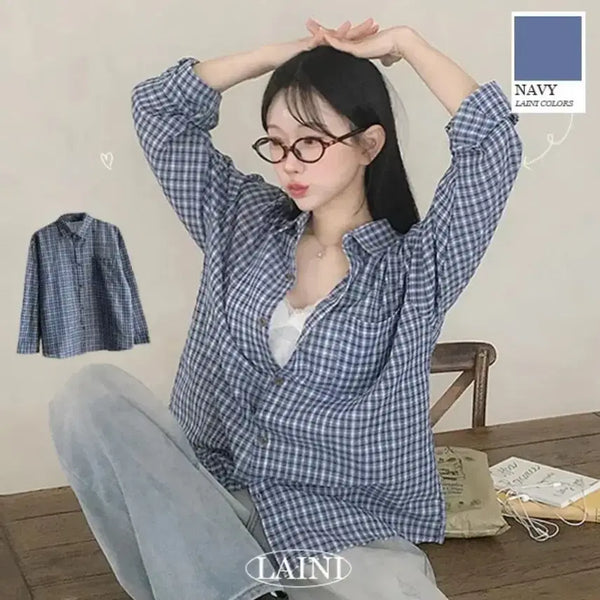 [BUNJANG] Navy Oversized Check Long Sleeve Shirt / 네이비 오버핏 체크 긴팔 셔츠 남방