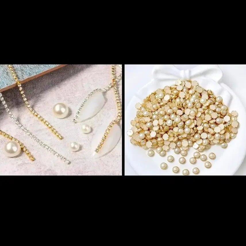 [BUNJANG] 2mm Gold Silver Nail Chain with Pearl Frame Nail Parts / 2mm 골드 실버 네일 체인 진주 프레임 네일파츠 네일스톤
