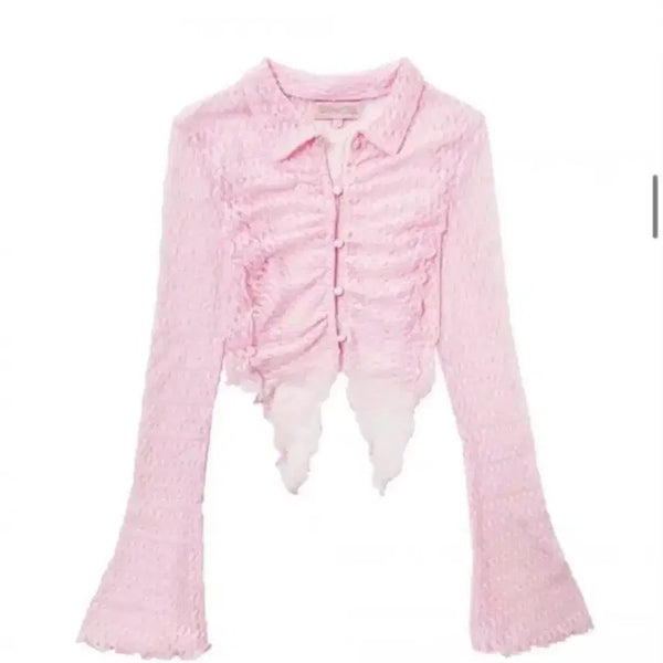 [BUNJANG] Expired Girl Pink Chiffon Frill Crop Top / 익스파이어드걸 핑크 쉬폰 프릴 크롭