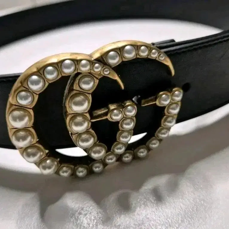 [BUNJANG] Gucci Pearl Embellished Marmont Leather Belt 2cm Width Black 90/36 / 구찌 진주 장식 마몽 벨트 90/36 폭2cm  미사용