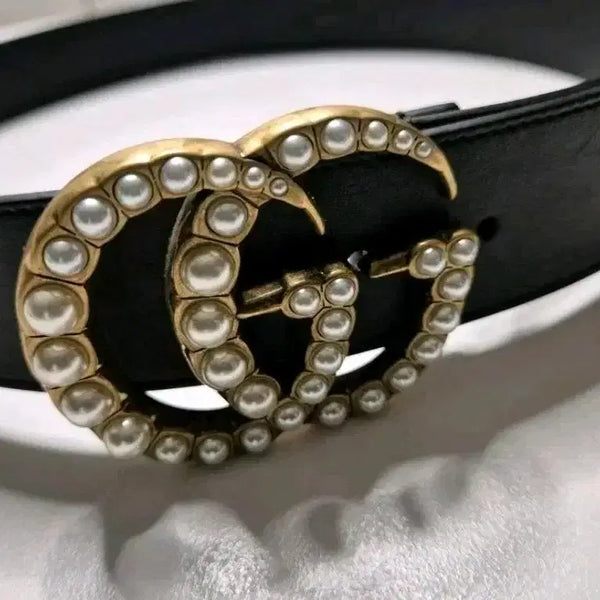 [BUNJANG] Gucci Pearl Embellished Marmont Leather Belt 2cm Width Black 90/36 / 구찌 진주 장식 마몽 벨트 90/36 폭2cm  미사용