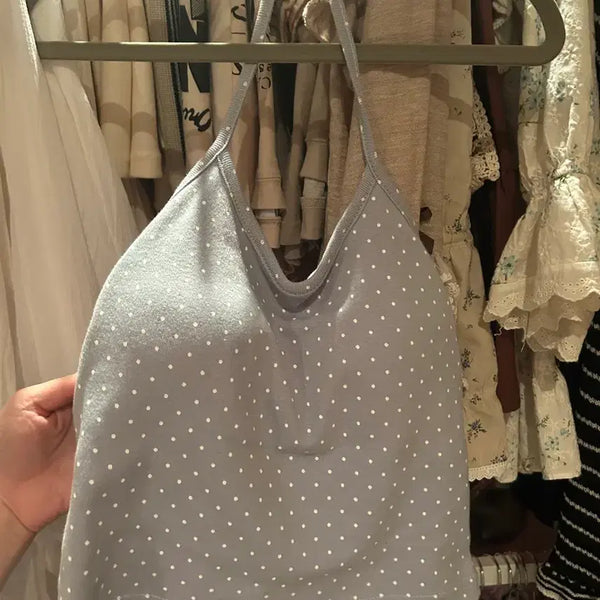 [BUNJANG] Polka Dot Halter Neck Tank Top (Built-in Cups) - Powder Blue / 도트 홀터 탑 나시 (캡내장) 예쁜 다운파스텔블루