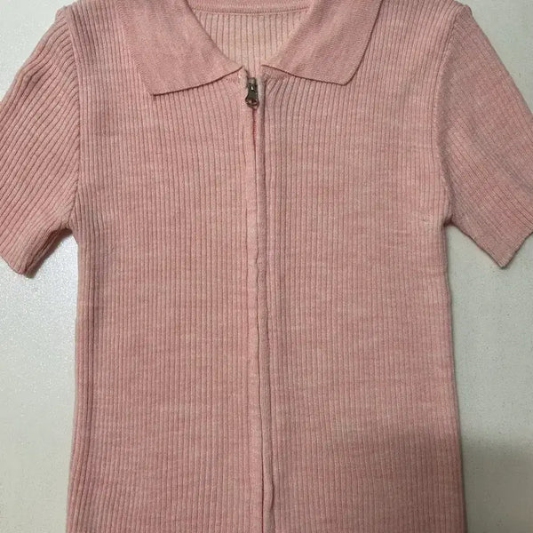[BUNJANG] Short Sleeve Collar Knit Zip-Up (New) / 반팔 카라 니트집업 (새상품)