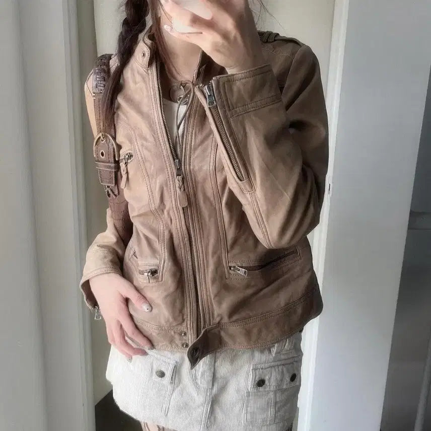 [BUNJANG] Vintage Tommy Hilfiger Beige Lambskin Biker Leather Jacket / 빈티지 타미힐피거 베이지 양가죽 바이커 가죽 자켓