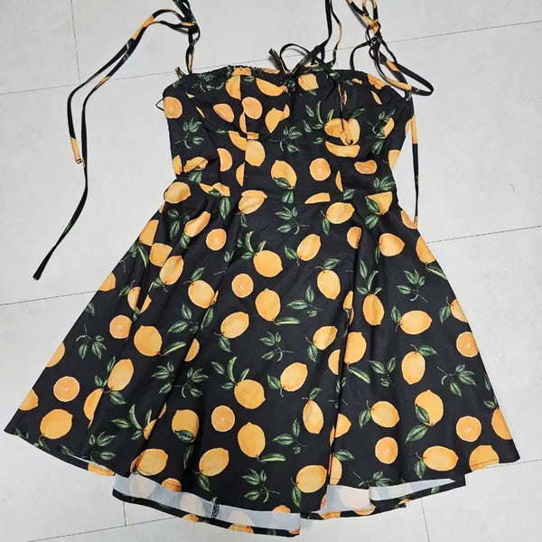 [BUNJANG] Fruit Pattern Black Strap Maxi Dress / 과일 패턴 블랙 끈 원피스