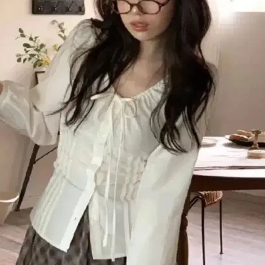[BUNJANG] Remind Ribbon Strap Pintuck Slim Fit Long Sleeve Blouse / 에이블리 리마인 리본 스트랩 핀턱 잘록 슬림핏 긴팔 블라우스
