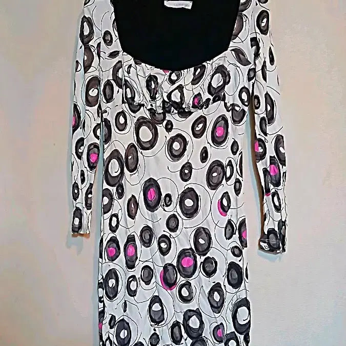 [BUNJANG] Laltramoda Black & White Circle Pattern Scoop Neck Midi Dress / 이태리 Laltramoda 블랙 앤 화이트 서클 패턴 프린팅 원피스 슬림 드레스 섹시 홀복