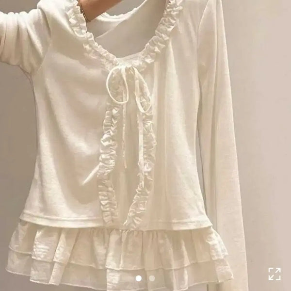 [BUNJANG] Doubleline Frill Neck Long Sleeve T-shirt / 더블라인 프릴넥 긴팔 에이블리