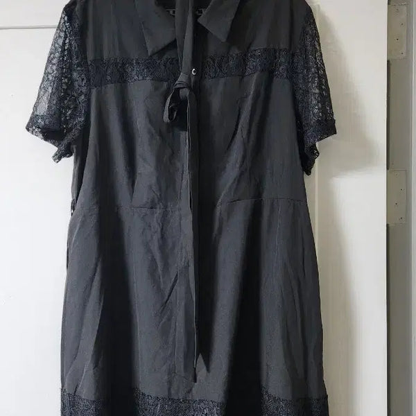 [BUNJANG] Black Lace Panel Shirt Dress with Belt / 블랙 레이스 배색 셔츠 원피스(허리끈 포함)