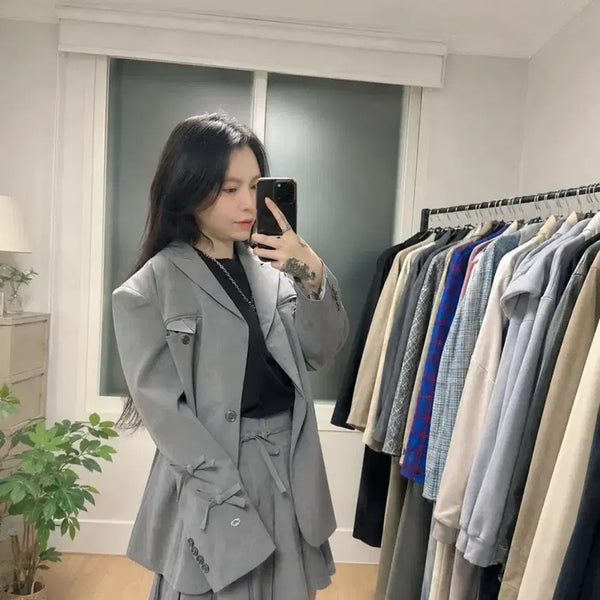 [BUNJANG] Cest Maidew Ribbon Sleeve Jacket & Skirt Set - Size S / 새상품) Cest Maidew 리본 소매 자켓 스커트 세트 S