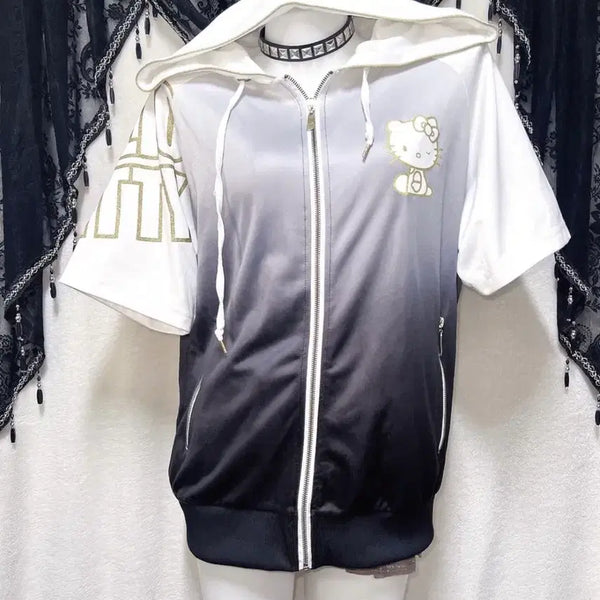 [BUNJANG] Hello Kitty Gradient Short Sleeve Hoodie Zip-Up Jersey Y2K Sporty Kitsch / 헬로키티 그라데이션 반팔 후드집업 갸루 펑크 y2K 저지 스포티 키치