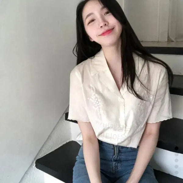 [BUNJANG] Lenina Sana Linen Blouse / 르니나 Lenina 성해은 블라우스 shana 사나 셔츠 린넨 물결 자수