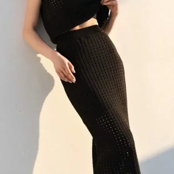 [BUNJANG] ORR Black Knit Crochet Skirt Set / ORR 오르 블랙 니트 크로쉐 스커트 세트