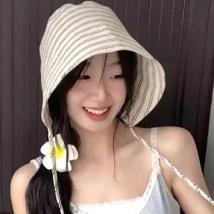 [BUNJANG] Natural Stripe Bonnet Hat Set (3 Colors) / [1+1+1 3개세트] 내추럴 스트라이프 끈 보닛햇 여성 여름 햇빛차단 챙모자 (핑크/브라운/블랙)