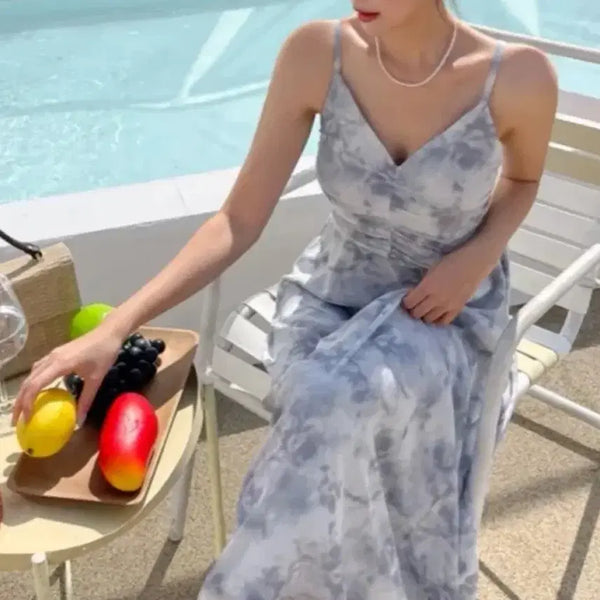 [BUNJANG] Light Blue Floral Chiffon Long Dress / 하늘하늘 쉬폰 롱 원피스
