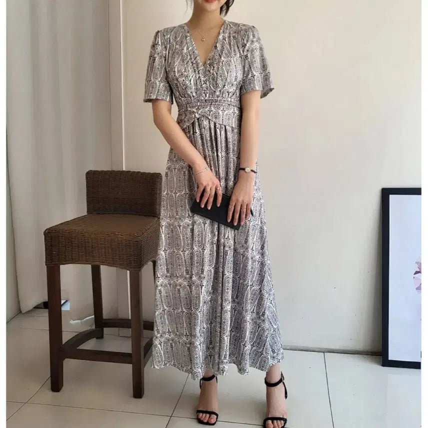 [BUNJANG] Elegant Paisley Pattern Wrap Dress / 고급적인 랩 원피스