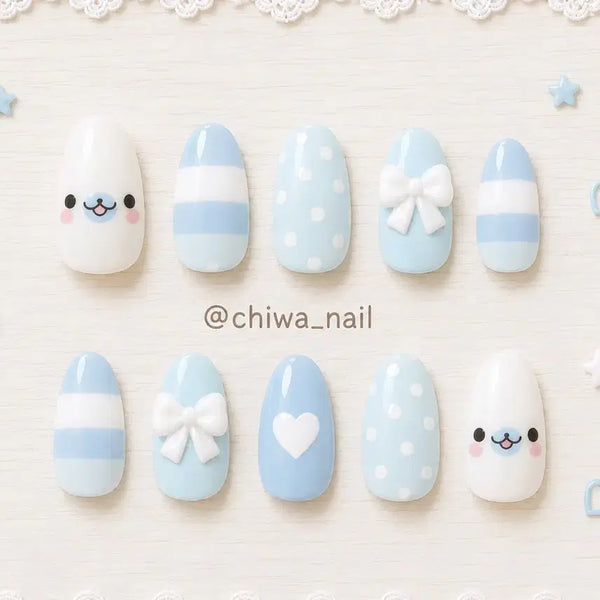[BUNJANG] Custom Mamegoma Ribbon Stripe Handmade Nail Tips / 주문제작 마메고마 리본 스트라이프 수제 네일팁