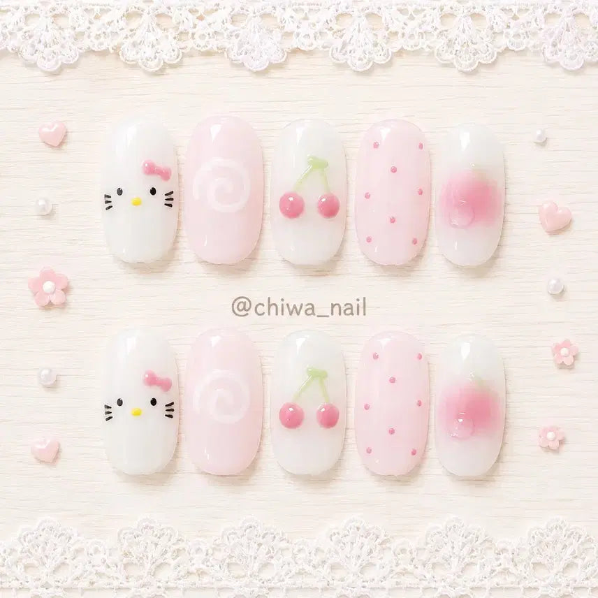 [BUNJANG] Custom Hello Kitty Cherry Water Drop Handmade Nail Tips / 주문제작 헬로키티 체리 치크 물방울 수제 네일팁