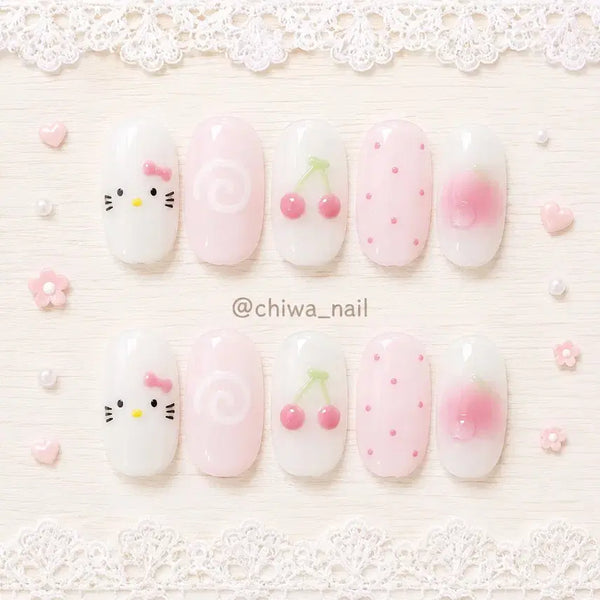 [BUNJANG] Custom Hello Kitty Cherry Water Drop Handmade Nail Tips / 주문제작 헬로키티 체리 치크 물방울 수제 네일팁