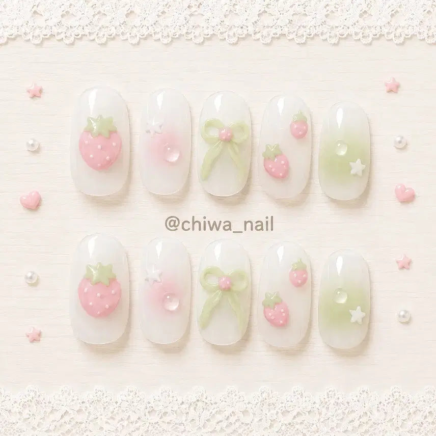 [BUNJANG] Custom Strawberry Cheek Water Drop Handmade Nail Tips / 주문제작 딸기 치크 물방울 수제 네일팁