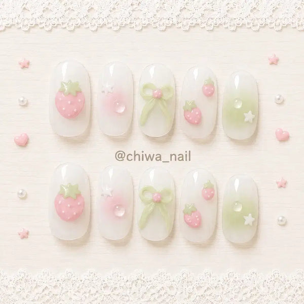 [BUNJANG] Custom Strawberry Cheek Water Drop Handmade Nail Tips / 주문제작 딸기 치크 물방울 수제 네일팁