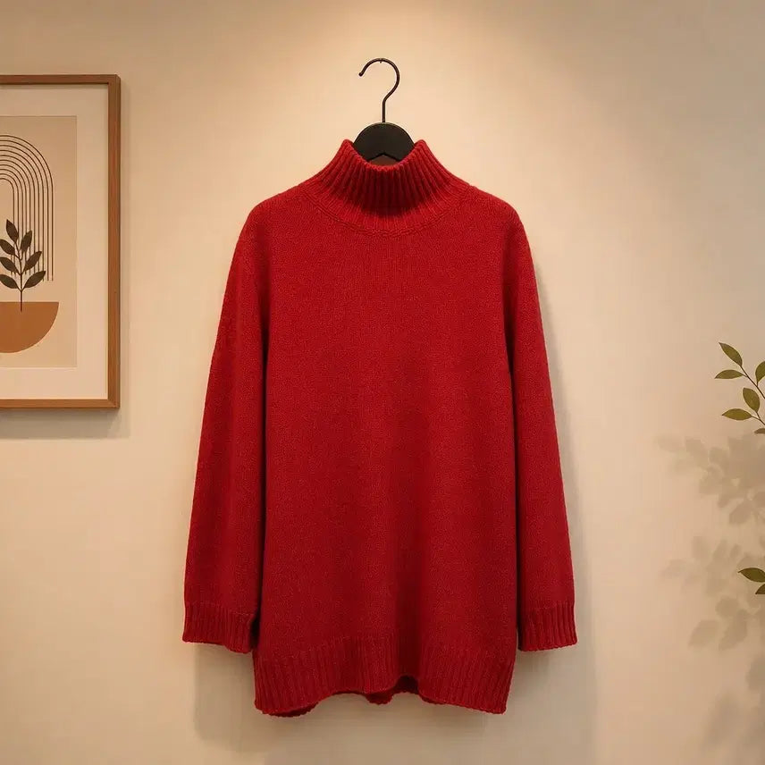 [BUNJANG] Mine Cashmere 100% Red Turtle Neck Knit - Free Size / 한섬 마인 캐시미어 100% 레드 터틀넥 니트 F사이즈