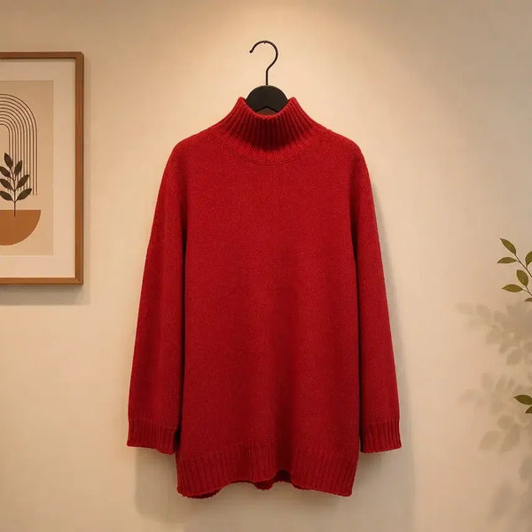 [BUNJANG] Mine Cashmere 100% Red Turtle Neck Knit - Free Size / 한섬 마인 캐시미어 100% 레드 터틀넥 니트 F사이즈