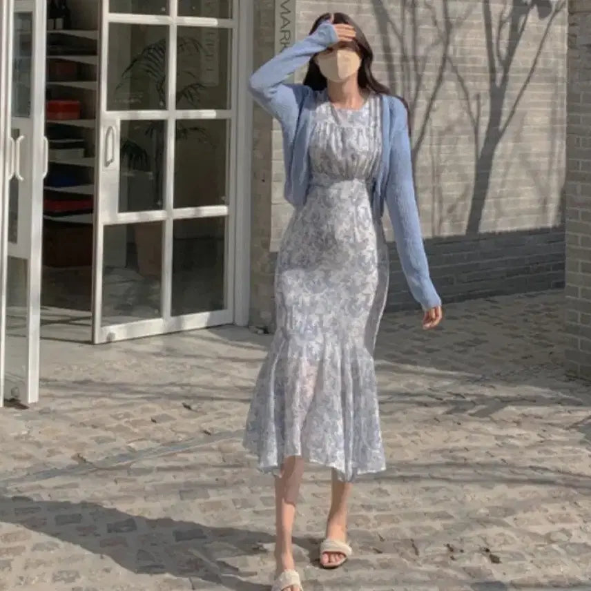 [BUNJANG] Flower Chiffon Dress Cardigan / 플라워 쉬폰 원피스 가디건