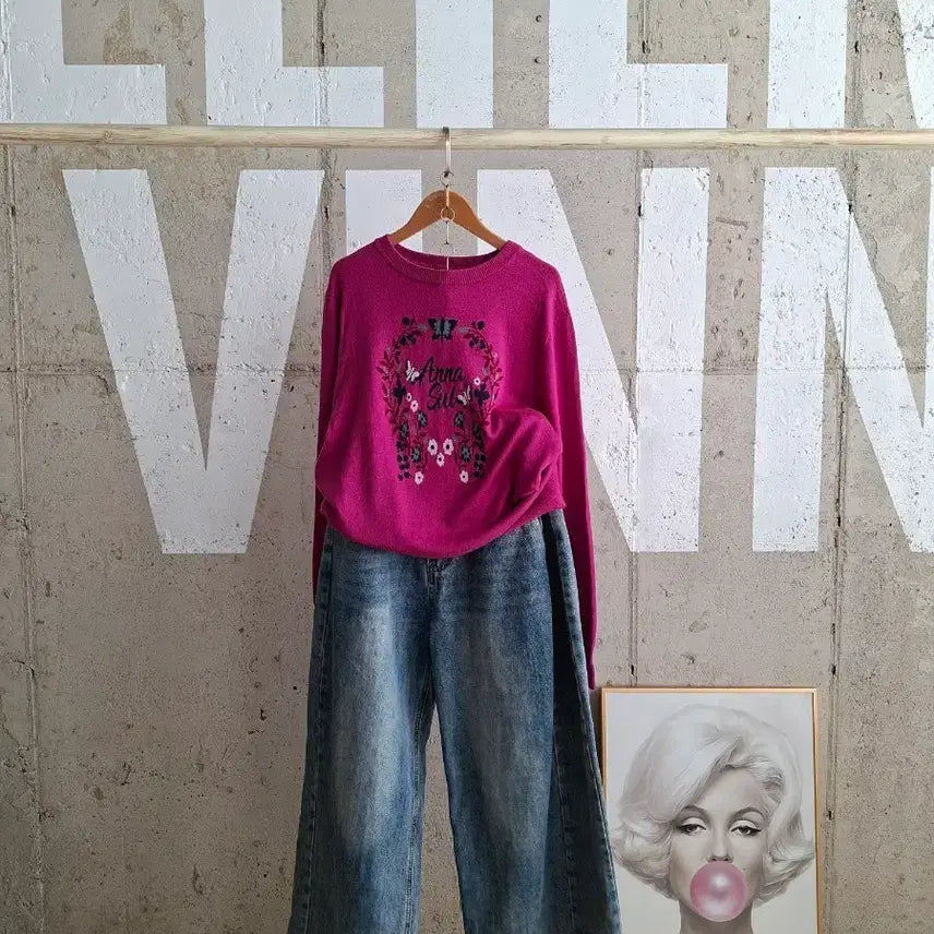[BUNJANG] Anna Sui Pink Embroidered Knit Sweater / 안나수이 핑크 자수 니트(SB1