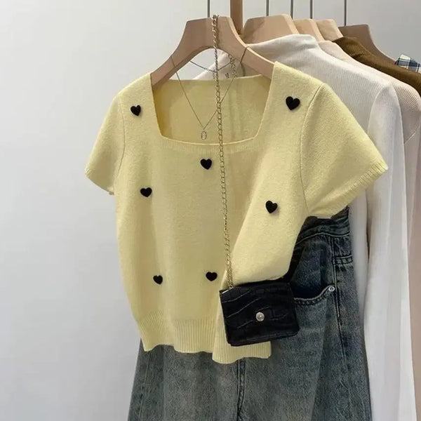 [BUNJANG] Square Neck Heart Knit (M) + Off-Shoulder Blouse (L) + Lace Denim Skirt (M) Set / 스퀘어넥 하트 니트(M)+오프숄더 블라우스(L)+레이스 데님 스커트(M) SET