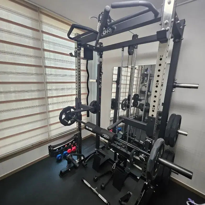 [BUNJANG] CNK Mini Rack Set with Barbell, Weights, and Cables / CNK 미니랙 세트 (바벨, 원판, 케이블 포함) 홈짐 용품 팝니다