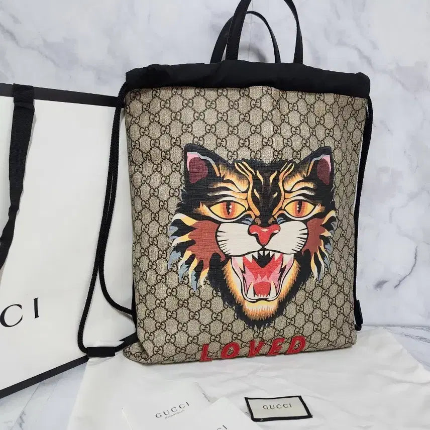 [BUNJANG] Gucci GG Supreme Angry Cat Drawstring Backpack / 구찌 GG 수프림 앵그리캣 드로우스트링 백팩