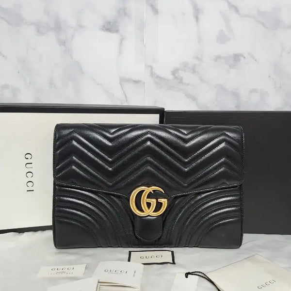 [BUNJANG] Gucci Marmont Black Leather Clutch Bag / 구찌 마몽트 블랙 레더 클러치백