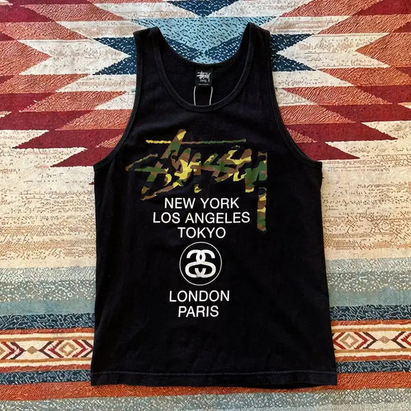 [BUNJANG] Stussy World Tour Camo Logo Sleeveless Top Black S / 스투시 월드투어 카모 로고 슬리브리스 민소매 나시 [블랙] S/90