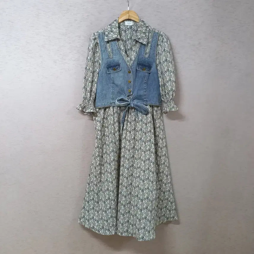 [BUNJANG] DANDIHARA Amoeba Pattern Long Dress with Waist Banding / B8-10/허리밴딩 데님배색 아메바무늬 롱원피스 여성